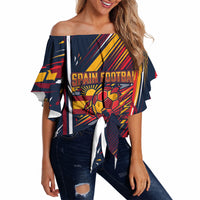 Spain Football Road To Championship Off Shoulder Wrap Waist Top Bull Mascot Flying Soccer Ball - Dynamic Speed Stripes