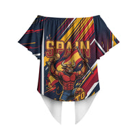 Spain Football Road To Championship Off Shoulder Wrap Waist Top Bull Mascot Flying Soccer Ball - Dynamic Speed Stripes