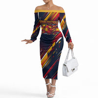 Spain Football Road To Championship Off The Shoulder Long Sleeve Dress Bull Mascot Flying Soccer Ball - Dynamic Speed Stripes