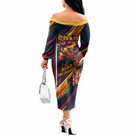 Spain Football Road To Championship Off The Shoulder Long Sleeve Dress Bull Mascot Flying Soccer Ball - Dynamic Speed Stripes