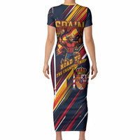 Spain Football Road To Championship Short Sleeve Bodycon Dress Bull Mascot Flying Soccer Ball - Dynamic Speed Stripes