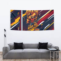 Spain Football Road To Championship Tapestry Bull Mascot Flying Soccer Ball - Dynamic Speed Stripes