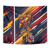 Spain Football Road To Championship Tapestry Bull Mascot Flying Soccer Ball - Dynamic Speed Stripes