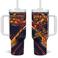 Spain Football Road To Championship Tumbler With Handle Bull Mascot Flying Soccer Ball - Dynamic Speed Stripes