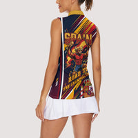 Spain Football Road To Championship Women Sleeveless Polo Shirt Bull Mascot Flying Soccer Ball - Dynamic Speed Stripes