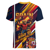 Spain Football Road To Championship Women V-Neck T-Shirt Bull Mascot Flying Soccer Ball - Dynamic Speed Stripes