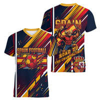 Spain Football Road To Championship Women V-Neck T-Shirt Bull Mascot Flying Soccer Ball - Dynamic Speed Stripes