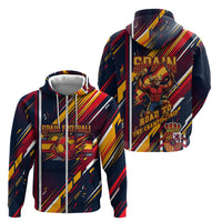 Spain Football Road To Championship Zip Hoodie Bull Mascot Flying Soccer Ball - Dynamic Speed Stripes