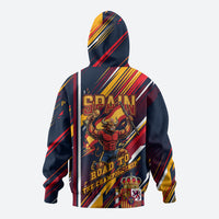 Spain Football Road To Championship Zip Hoodie Bull Mascot Flying Soccer Ball - Dynamic Speed Stripes
