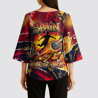 Spain Football Rule The Pitch Kimono Sleeve Blouse Urban Graffiti Soccer Player Flaming Ball