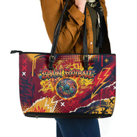 Spain Football Rule The Pitch Leather Tote Bag Urban Graffiti Soccer Player Flaming Ball