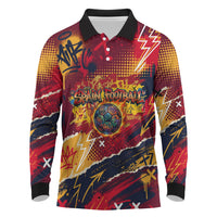 Spain Football Rule The Pitch Long Sleeve Polo Shirt Urban Graffiti Soccer Player Flaming Ball
