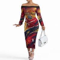 Spain Football Rule The Pitch Off The Shoulder Long Sleeve Dress Urban Graffiti Soccer Player Flaming Ball