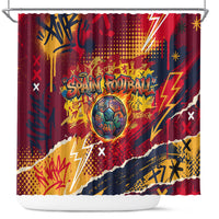 Spain Football Rule The Pitch Shower Curtain Urban Graffiti Soccer Player Flaming Ball