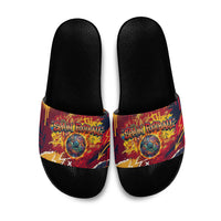 Spain Football Rule The Pitch Slide Sandals Urban Graffiti Soccer Player Flaming Ball