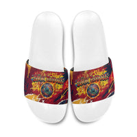 Spain Football Rule The Pitch Slide Sandals Urban Graffiti Soccer Player Flaming Ball