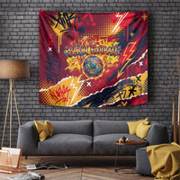 Spain Football Rule The Pitch Tapestry Urban Graffiti Soccer Player Flaming Ball