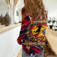 Spain Football Rule The Pitch Women Casual Shirt Urban Graffiti Soccer Player Flaming Ball