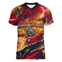 Spain Football Rule The Pitch Women V-Neck T-Shirt Urban Graffiti Soccer Player Flaming Ball