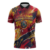 Spain Football Rule The Pitch Zipper Polo Shirt Urban Graffiti Soccer Player Flaming Ball