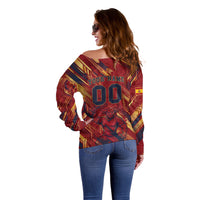 Personalized Spain Football Off Shoulder Sweater Spanish Shield Bull Mascot