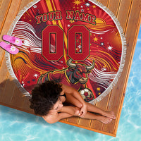 Personalized Spain Football Bull Mascot Beach Blanket Dynamic Spanish Sunburst Abstract Flame