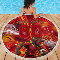 Personalized Spain Football Bull Mascot Beach Blanket Dynamic Spanish Sunburst Abstract Flame