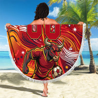 Personalized Spain Football Bull Mascot Beach Blanket Dynamic Spanish Sunburst Abstract Flame