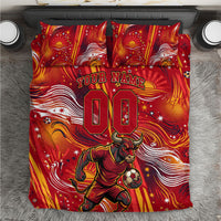 Personalized Spain Football Bull Mascot Bedding Set Dynamic Spanish Sunburst Abstract Flame