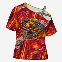 Personalized Spain Football Bull Mascot Cross Shoulder Shirt Dynamic Spanish Sunburst Abstract Flame