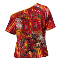Personalized Spain Football Bull Mascot Cross Shoulder Shirt Dynamic Spanish Sunburst Abstract Flame