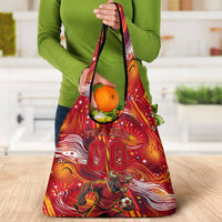 Personalized Spain Football Bull Mascot Grocery Bag Dynamic Spanish Sunburst Abstract Flame