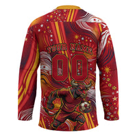 Personalized Spain Football Bull Mascot Hockey Jersey Dynamic Spanish Sunburst Abstract Flame