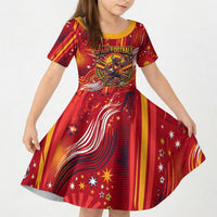Personalized Spain Football Bull Mascot Kid Short Sleeve Dress Dynamic Spanish Sunburst Abstract Flame
