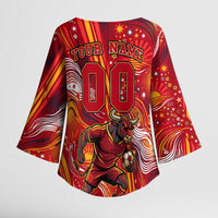 Personalized Spain Football Bull Mascot Kimono Sleeve Blouse Dynamic Spanish Sunburst Abstract Flame