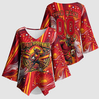 Personalized Spain Football Bull Mascot Kimono Sleeve Blouse Dynamic Spanish Sunburst Abstract Flame