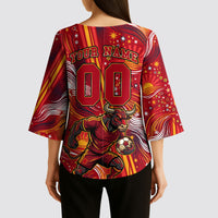Personalized Spain Football Bull Mascot Kimono Sleeve Blouse Dynamic Spanish Sunburst Abstract Flame