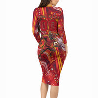 Personalized Spain Football Bull Mascot Long Sleeve Bodycon Dress Dynamic Spanish Sunburst Abstract Flame