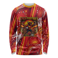 Personalized Spain Football Bull Mascot Long Sleeve Shirt Dynamic Spanish Sunburst Abstract Flame