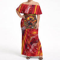 Personalized Spain Football Bull Mascot Off Shoulder Maxi Dress Dynamic Spanish Sunburst Abstract Flame