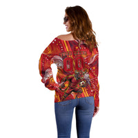 Personalized Spain Football Bull Mascot Off Shoulder Sweater Dynamic Spanish Sunburst Abstract Flame