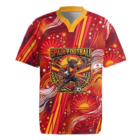 Personalized Spain Football Bull Mascot Rugby Jersey Dynamic Spanish Sunburst Abstract Flame
