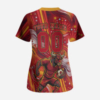 Personalized Spain Football Bull Mascot Scrub Top Dynamic Spanish Sunburst Abstract Flame