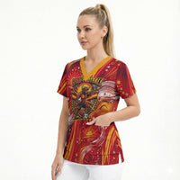 Personalized Spain Football Bull Mascot Scrub Top Dynamic Spanish Sunburst Abstract Flame