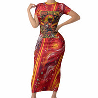 Personalized Spain Football Bull Mascot Short Sleeve Bodycon Dress Dynamic Spanish Sunburst Abstract Flame