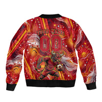 Personalized Spain Football Bull Mascot Sleeve Zip Bomber Jacket Dynamic Spanish Sunburst Abstract Flame