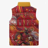 Personalized Spain Football Bull Mascot Sleeveless Puffer Jacket Dynamic Spanish Sunburst Abstract Flame