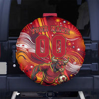Personalized Spain Football Bull Mascot Spare Tire Cover Dynamic Spanish Sunburst Abstract Flame