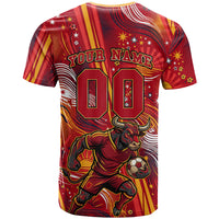 Personalized Spain Football Bull Mascot T Shirt Dynamic Spanish Sunburst Abstract Flame