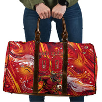 Personalized Spain Football Bull Mascot Travel Bag Dynamic Spanish Sunburst Abstract Flame